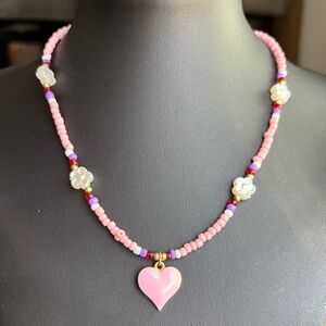 Heart Pendant Beaded Necklace with Floral Accents Adjustable Multicolor Options